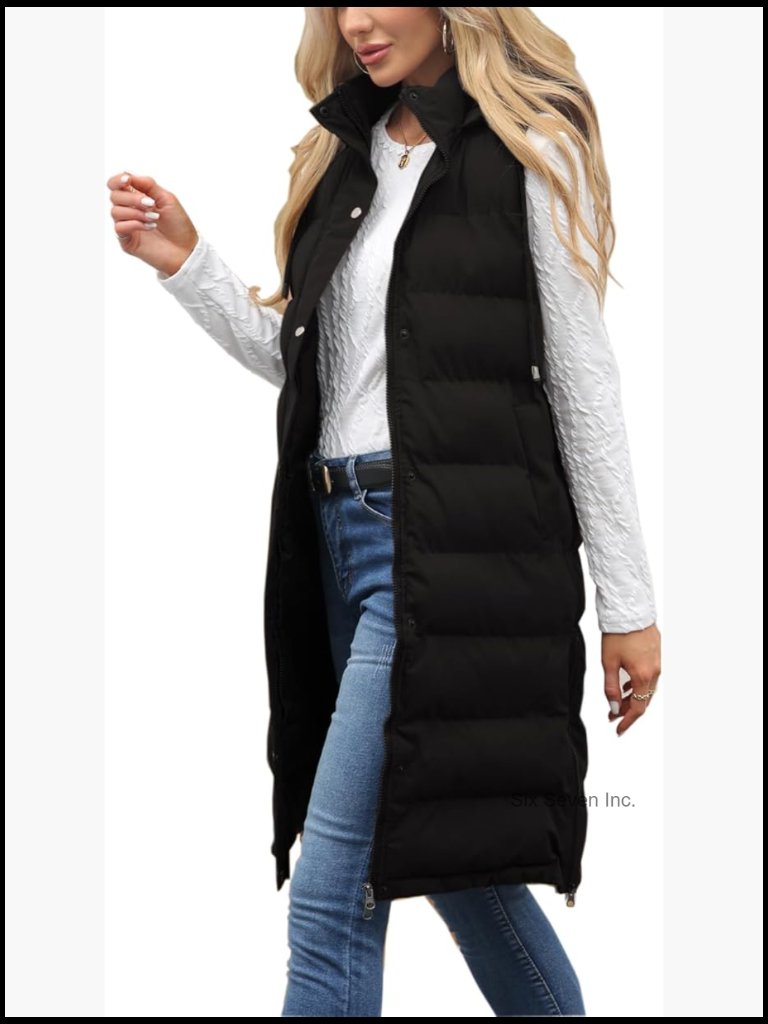 Sleeveless Long Puffer Vest Zip Up Hooded Lightweight Winter Jacket
